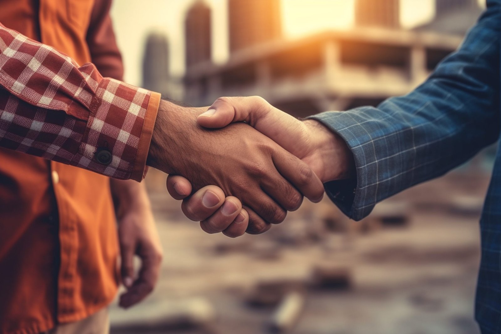 Close up of engineer and architect shaking hands on construction site background.