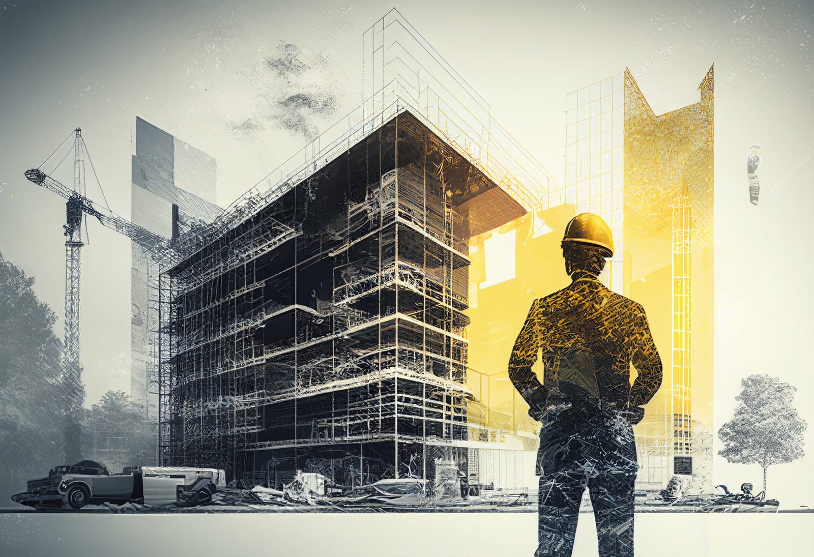 Silhouette of engineer looking at construction site. Engineering concept. Double exposure generative ai